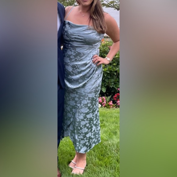 Lulus - Simply Stunning Slate Blue Satin Floral Jacquard Midi Dress - Picture 3 of 3